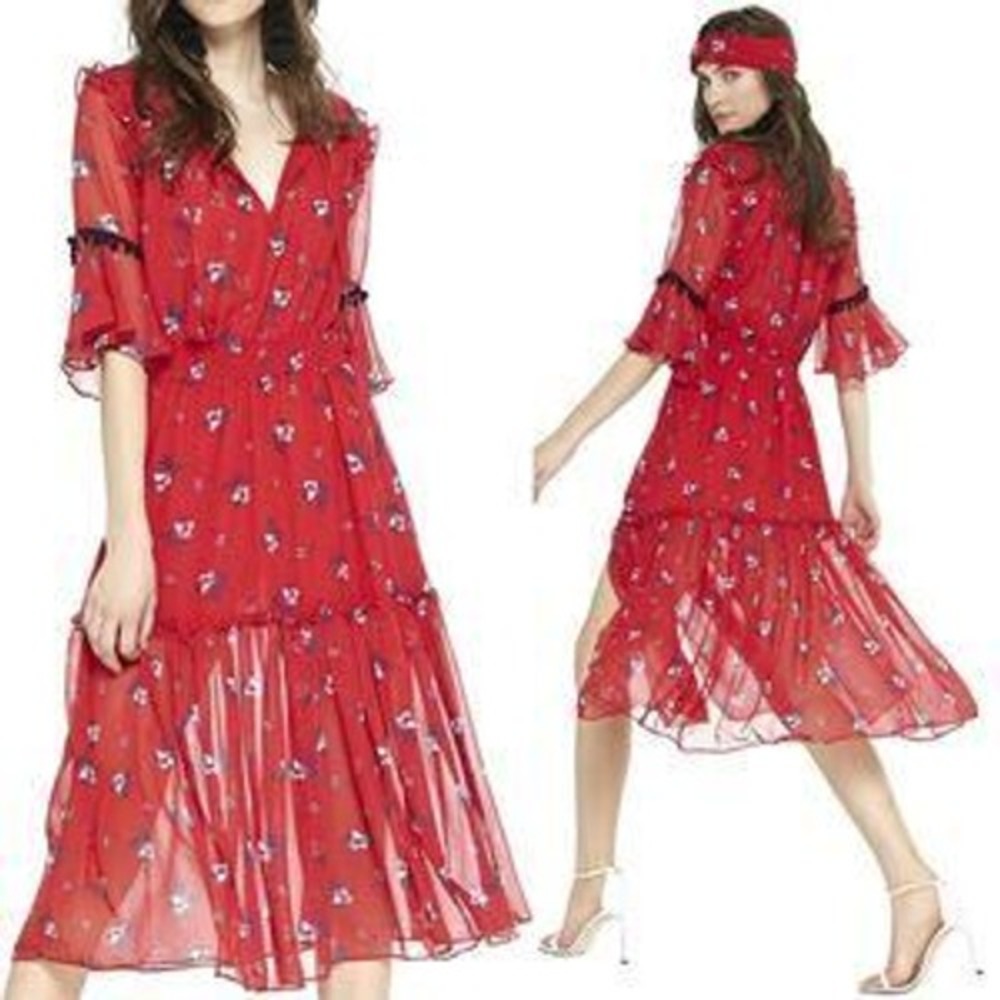 MISA Los Angeles Womens XS Raquel Dress Sheer Floral Chiffon Pom Pom Boho